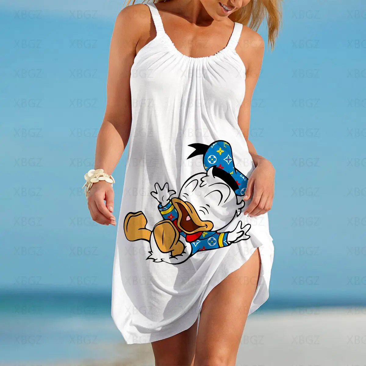 Women's Dress Minnie Mouse Summer Sundresses Disney Dresses Woman 2022 Boho Print Cartoon Sleeveless Donald Duck Fashion Sling