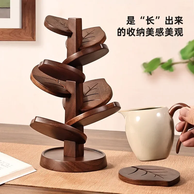 Natural South American Walnut Wood Coaster Set with Storage Rack Heat Resistant Drink Mat for Coffee Tea Cup Home Bar Table