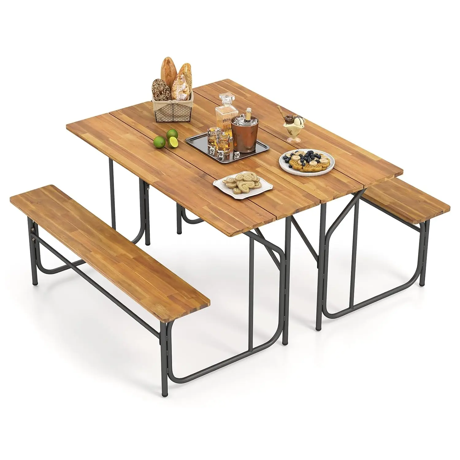 

Patio Dining Bench Set for 4, Heavy-Duty Outdoor Acacia Wood Dining Furniture with Metal Legs for Balcony, Backyard,, Custom