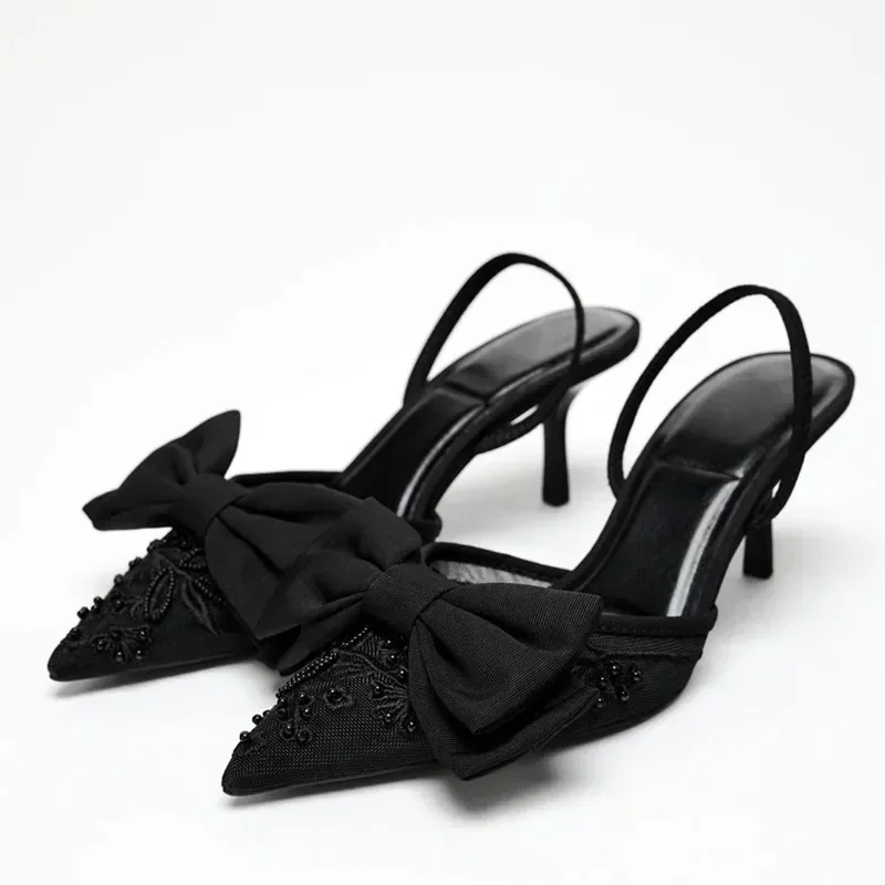 

Черные сетчатые босоножки на каблуке с бусинами, женские сексуальные босоножки с острым носком и узлом-бабочкой, модные дизайнерские сандалии на тонком высоком каблуке