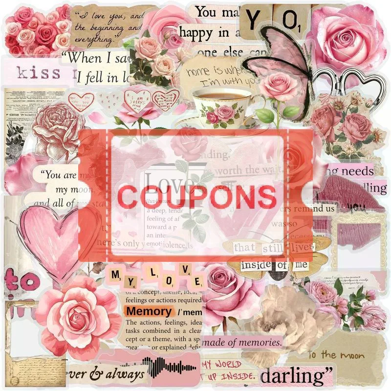 50 Pcs Vintage Rose & Love PVC Graffiti Stickers Retro Style Unique Decorative Journal Labels Handmade Art Supplies