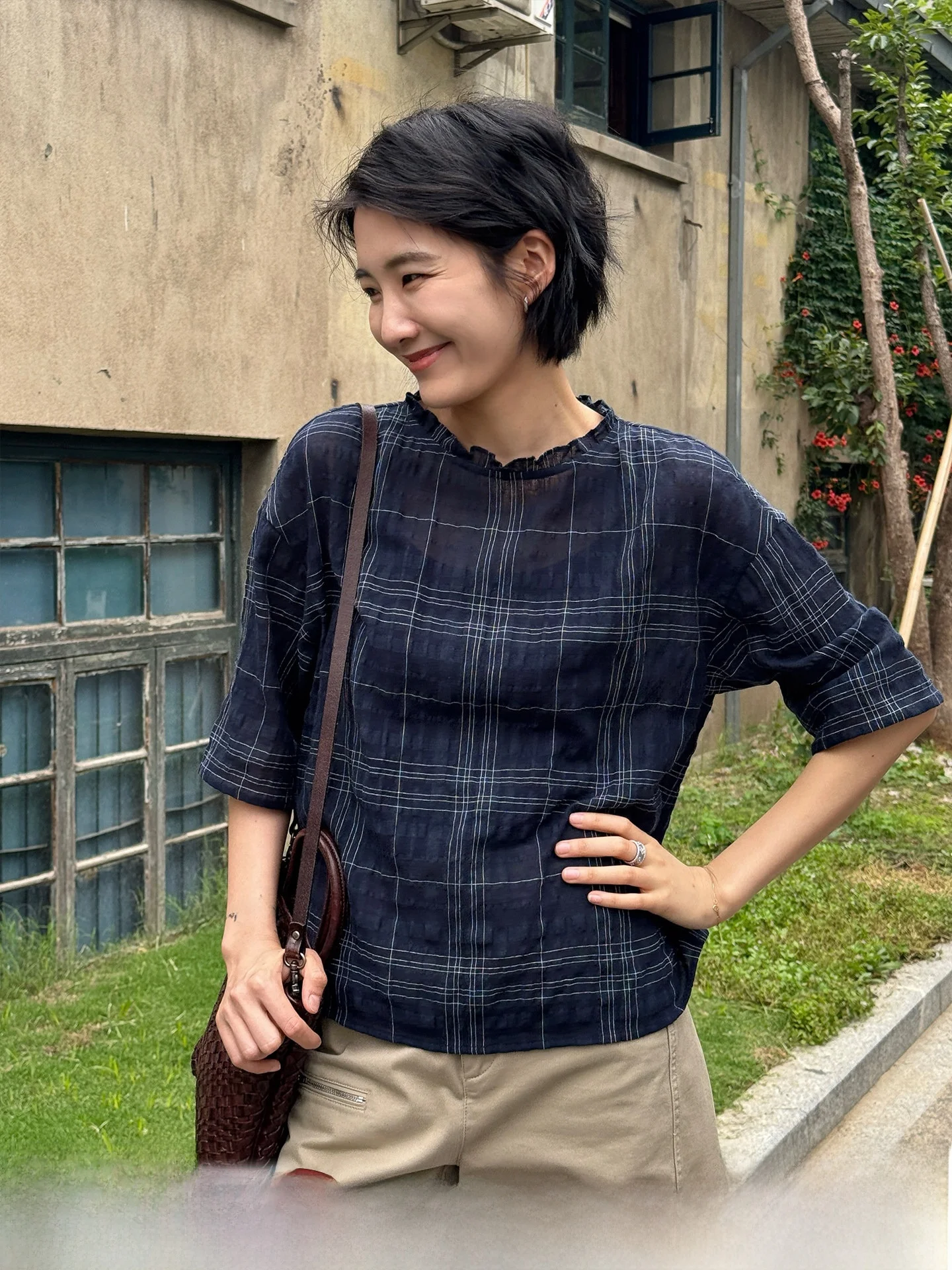 

Женская свободная блузка Langqing с круглым вырезом и клетчатым узором, фактурная, с рукавом три четверти, художественный дизайн, дышащий полиэстер