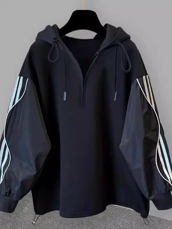 

American Stripe Splicing f Zipper Hoodie ex Spring Autumn Large Size 300 Pou Loose Casual Outerwear Sweatirt