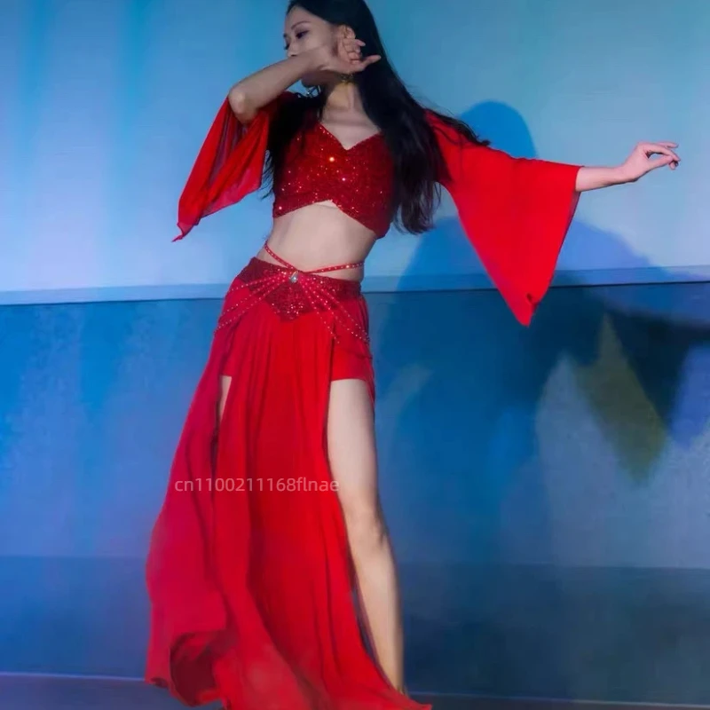 

Костюм для танца живота с блестками, весенний сетчатый комплект тренировочного класса для женского танцевального костюма для восточного танца