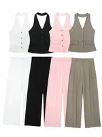 HH Conjunto de 2 piezas para mujer, cuello halter, bolsillo de un solo pecho, sin mangas, chaleco halter, tops + cintura alta, bolsillos con cremallera, pantalón de pierna ancha