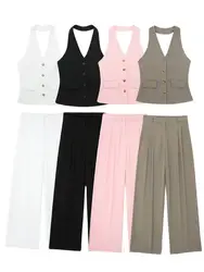HH Women 2 Piece Set Halter Neck Single-Breasted Pocket Sleeveless Halter Vest Tops+High Waist Zipper Pockets Wide Leg Pant