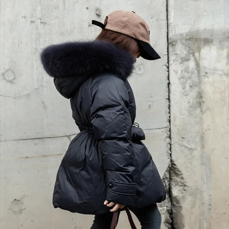 Children's Mid-length Thickened Down Jacket Girls White Duck Down Winter Wear Kids Wear Real Fox Big Wool Collar