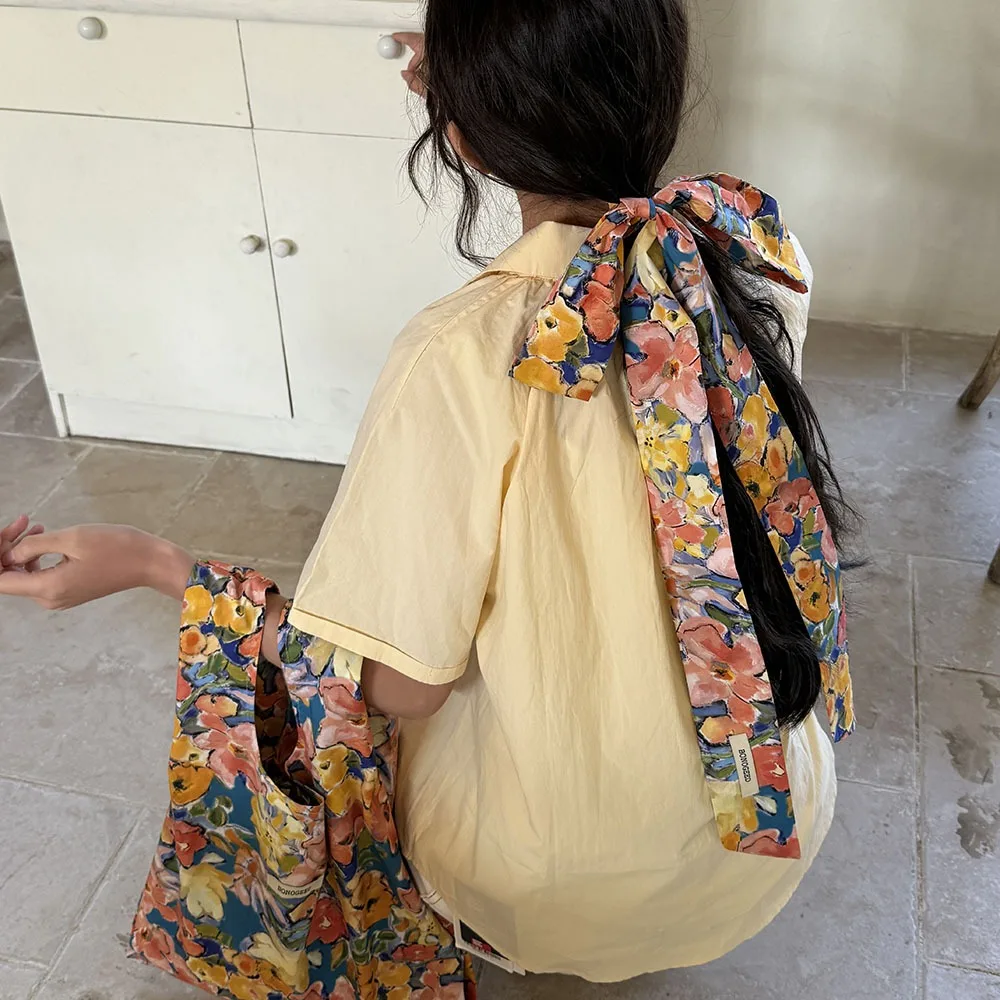 

Neckerchief Cotton Oil Painting Scarf Flower Field Thin Extended Long Ribbon Polka Dot Tulip Waistband Belt Spring Summer