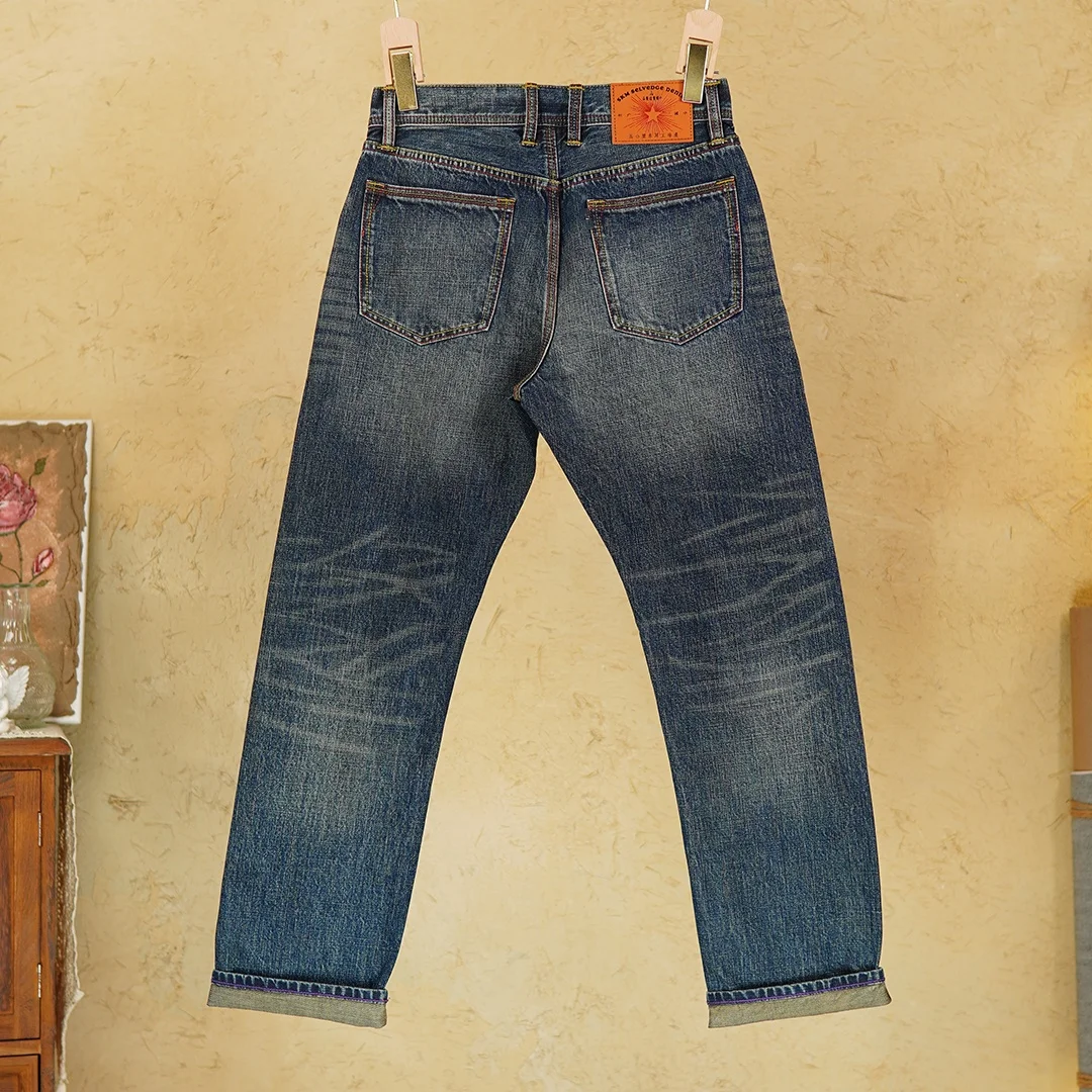 Vaqueros de pierna recta de algodón 100% de 15oz con orillo rojo de alta calidad para hombres pantalones lavados Vintage americanos de otoño de peso pesado 5KM