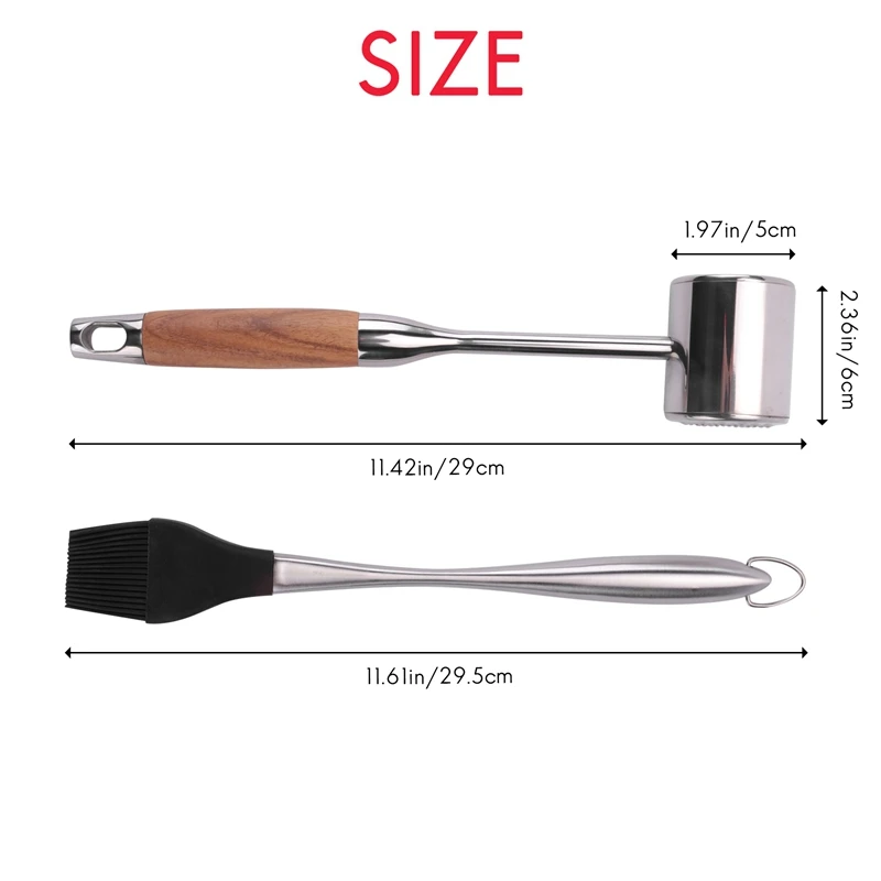 Double-Sided Meat Tenderizer Hammer With Non-Slip Wooden Handle, Steak Hammer With Silicone Oil Brush