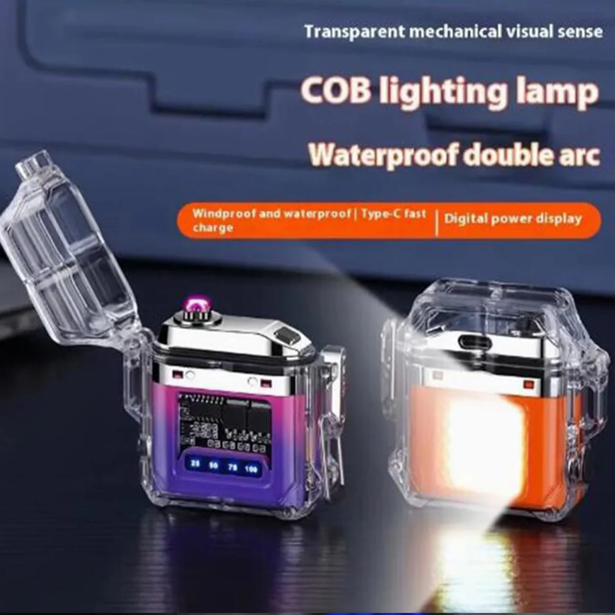 1PC Electronic lighter set, waterproof outdoor lighting lighter, battery charge display, mecha-style transparent shell with char