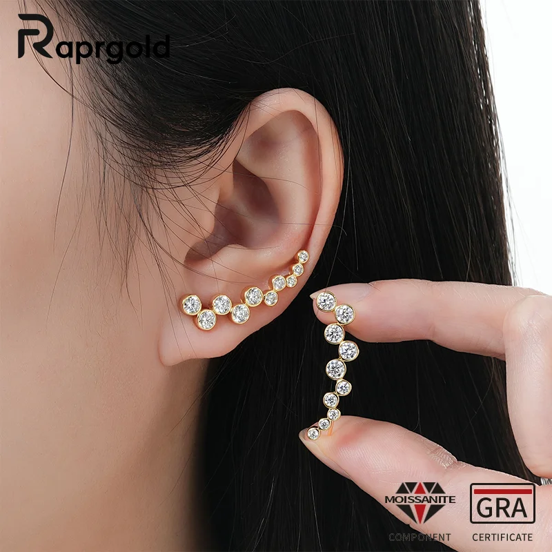 

RAPRGOLD All Round Cut Moissanite Climber Piercing Stud Earrings for Women Real 925 Sterling Silver Delicate Fine Jewelry Gifts