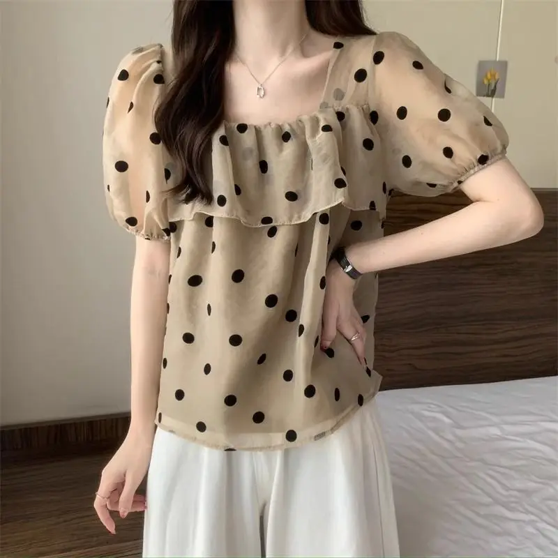 

Sweet Printed Ruffles Puff Sleeve Polka Dot Blouses Female Clothing 2025 Summer New Loose Casual Tops Korean Chiffon Shirts