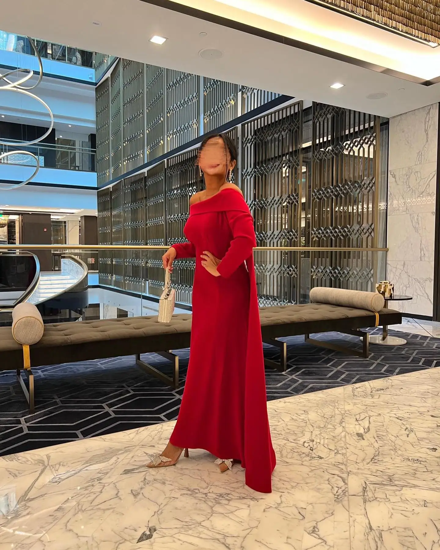 Noble Red Off The Shoulder Prom Dress Long Sleeves With Ankle Length Evening Summer Elegant Party Dress For Women2023