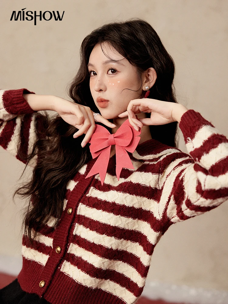 MISHOW Christmas Red Striped Turn Down Collar Cropped Cardigan Thickened Warm Wool Blend Sweater Soft Knitted Tops MXD58Z1038