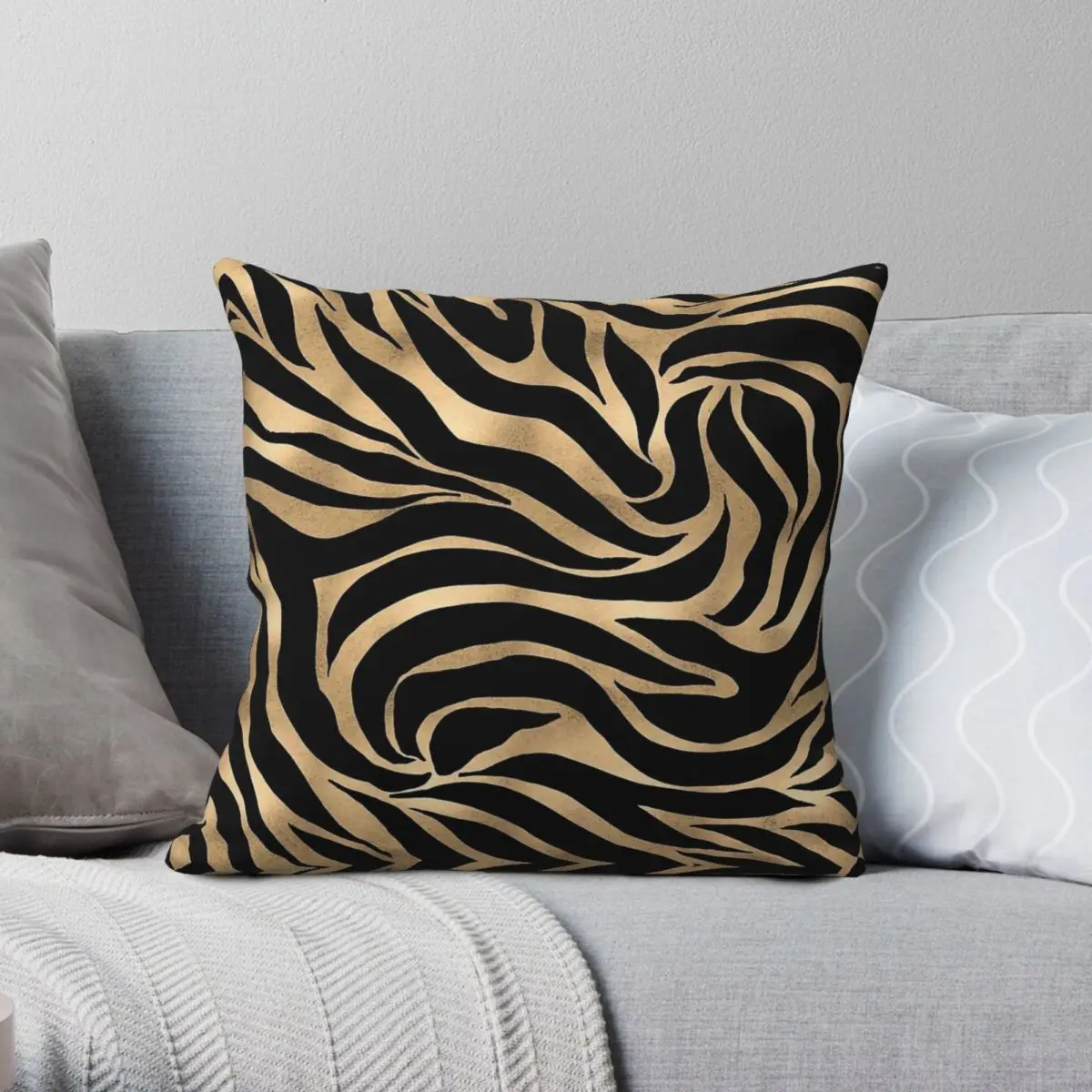 

Elegant Gold Zebra Black Animal Square Pillowcase Polyester Linen Velvet Printed Zip Decorative Room Cushion Case