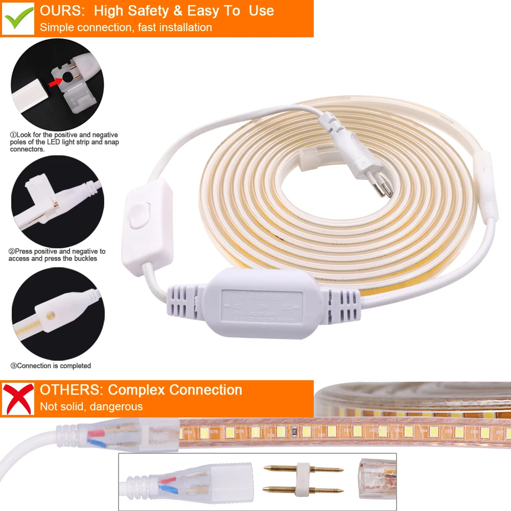 220V COB Led Strip Light With Switch Power Plug 360LED/m Super Bright Waterproof CRI 90 Linear Lighting Flexible LED Ribbon