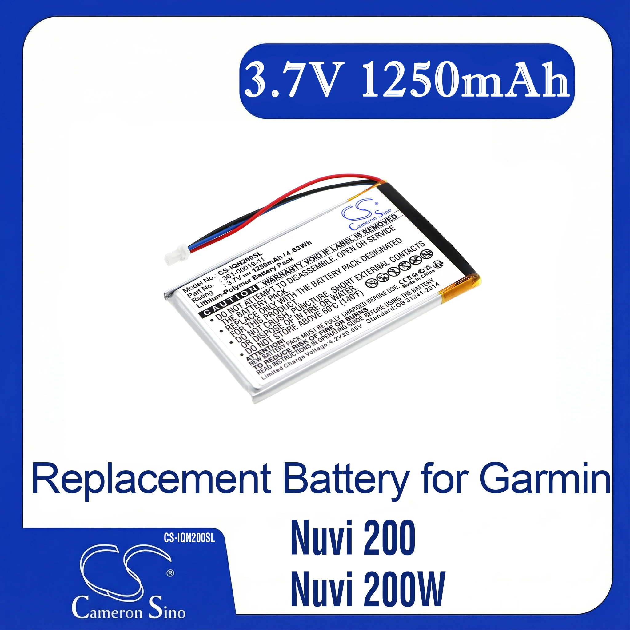 

Cameron Sino Replacement Battery Garmin Nuvi 200, Nuvi 200W, Nuvi 205, Nuvi 205T, PN 010-00621-10,361-00019-11