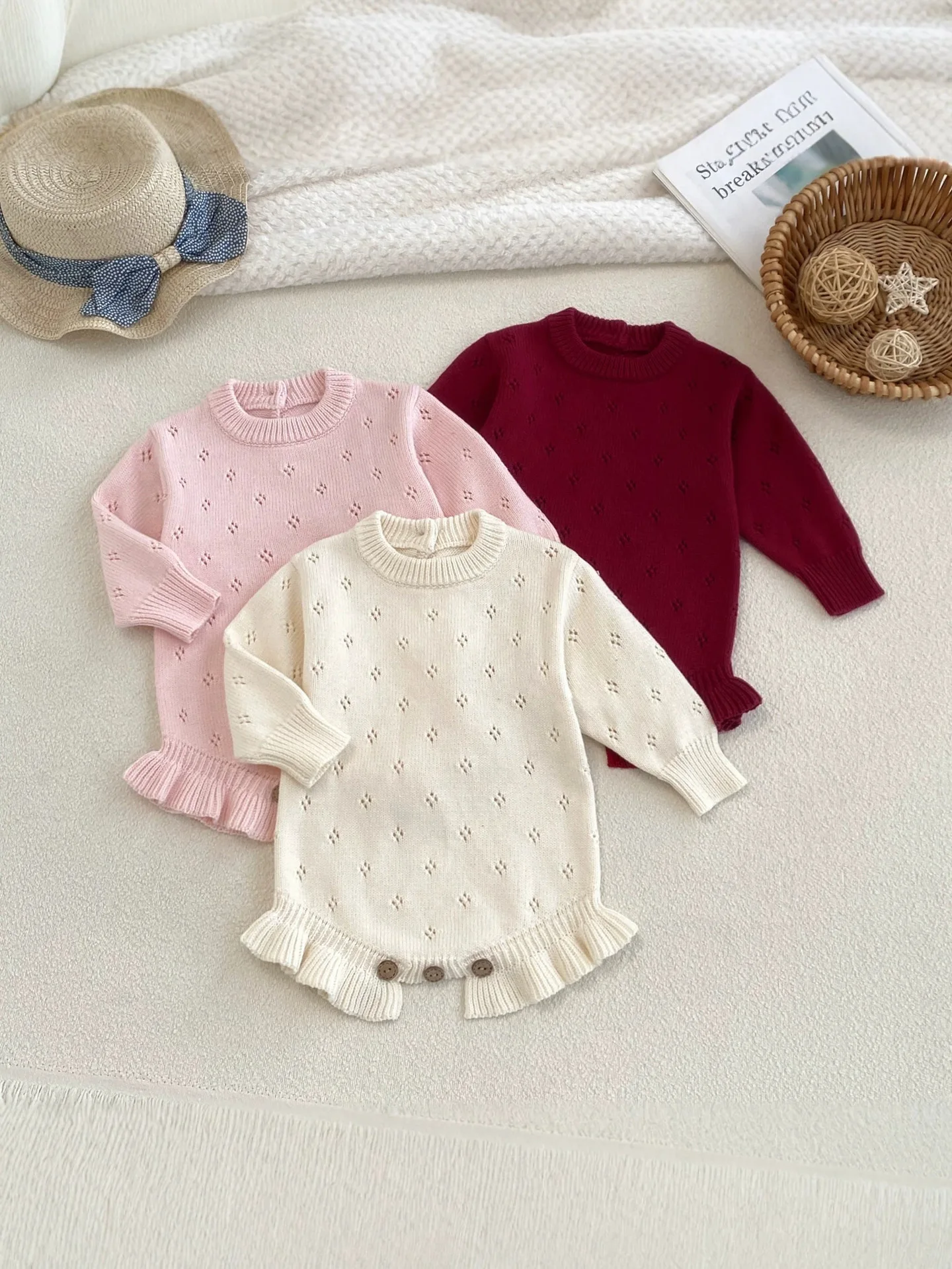 Infant Baby Girls Cotton Clothes Hollow Knit Bodysuit Round Neck Lace Sweater Onesie Soft Knitted Bodysuit for Newborn