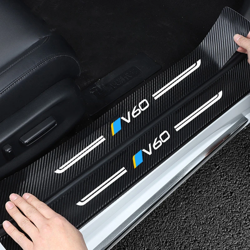 Carbon Fiber Car Accessories for Volvo V60 Badge Door Threshold Protector Stickers Pedal Guards Trunk Sill Scuff Plate Decals