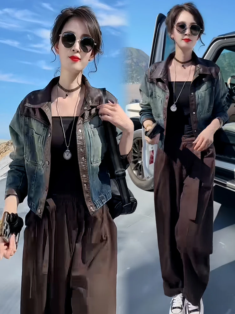 

Vintage Sle Spliced Faionable Denim Jaet Women's Early Autumn New Arrival Casual Chic Top Buttoned ort Coat