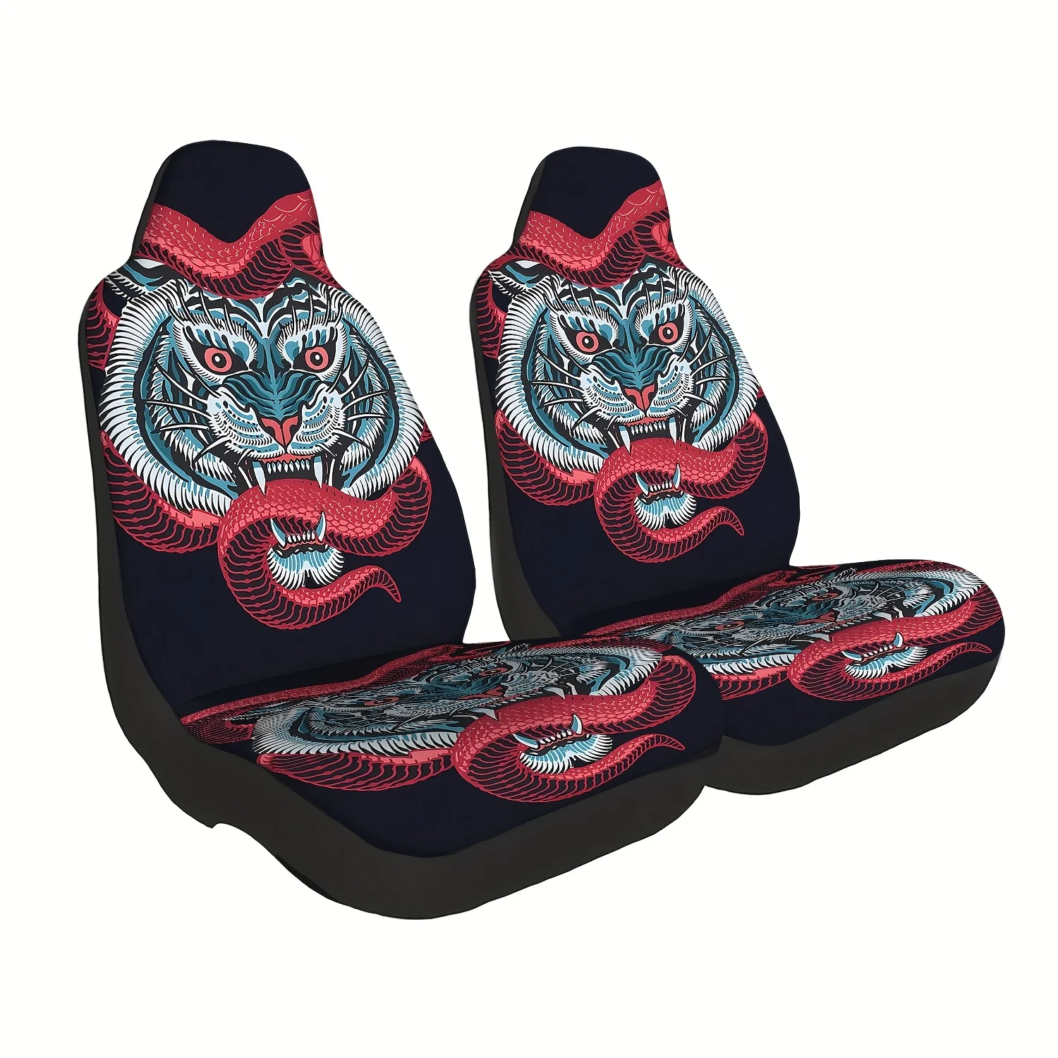 This 2pcs Set Of Tiger And Snake Car Seat Covers Is Durable, Designed For Front Seats, Machine Washable, Made Of Polyester Fiber