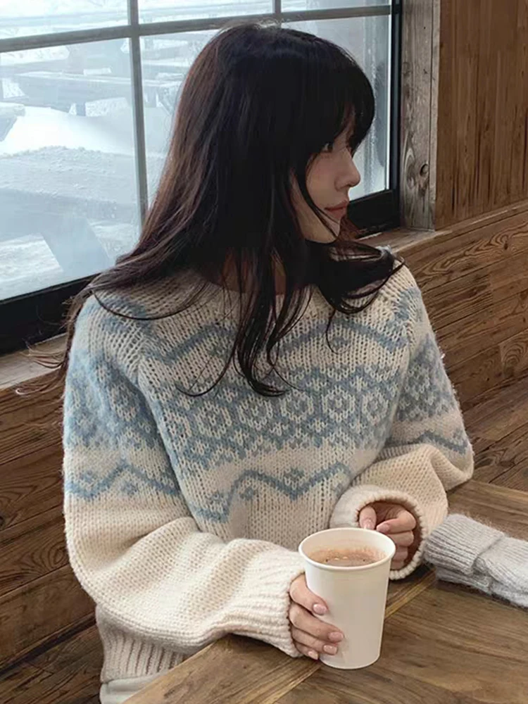 

Color Block Nordic Knitted Woolen Sweater Women's Loose Fit round Neck Casual Style Long Sleeve Thermal Comfortable Knitwear