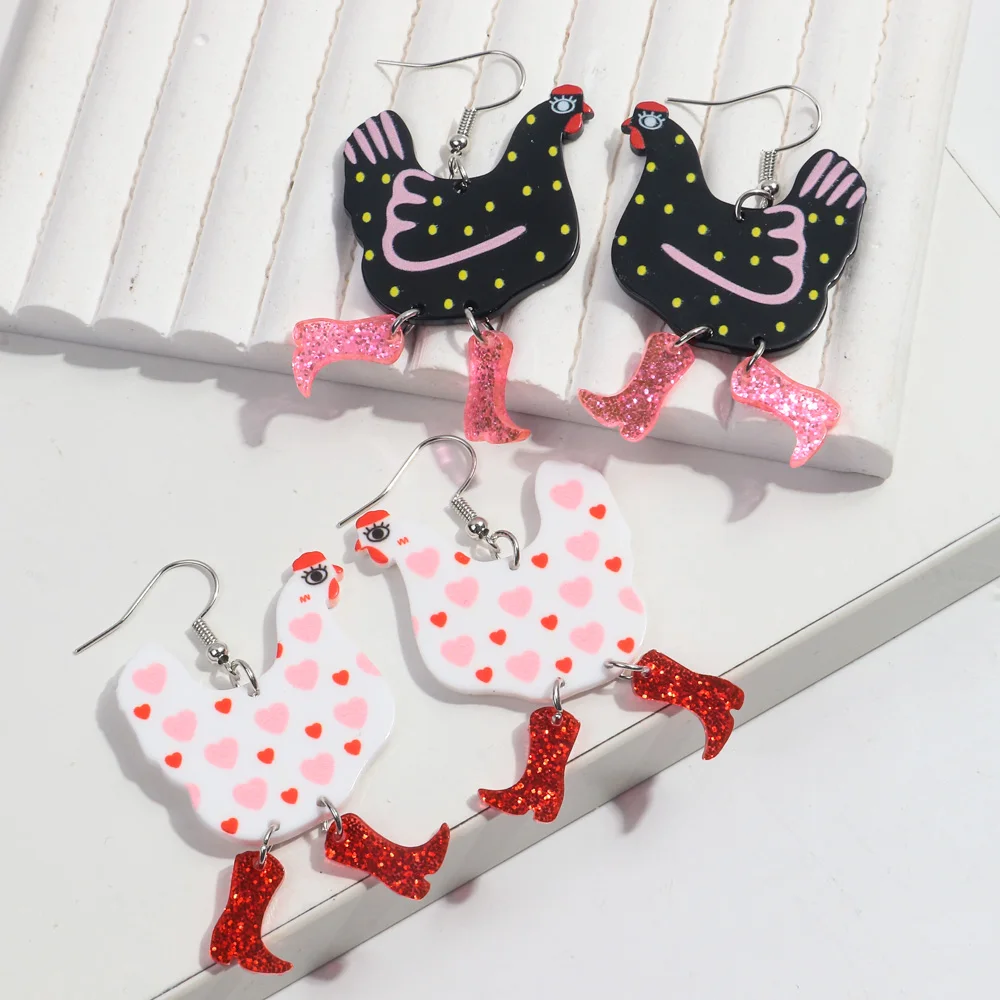 Funny Acrylic High Heels Hen Dots Pendant Earrings for Women Girls Cartoon Animal Printing Chicken Drop Earrings Jewelry Gifts