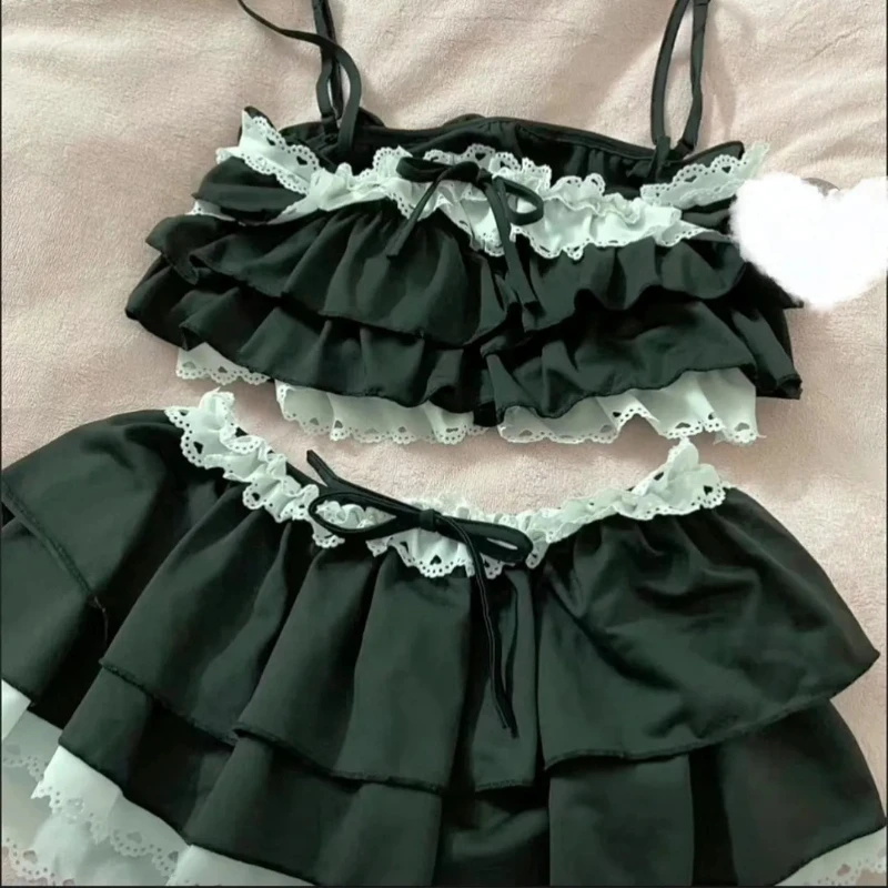 Sweet Kawaii Japanese Unique 2 Piece Swimwear Set Women Lace Ruffle Spaghetti Strap Crop Top Skirt Slim Fit Vacation Outfit 2026