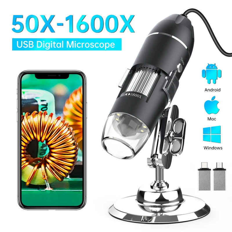Hayve 1600X USB マイクロスコープ 1080P HD はんだ付け用マイクロスコープ 8LED搭載 Android、Mac、Windows対応 (X4)