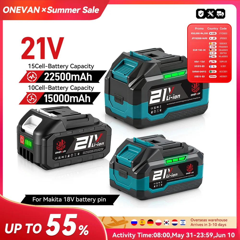 Batterie lithium-ion rechargeable ONEVAN 15000mAh 22500mAh avec indicateur de batterie, clé à chocs, outil électrique pour batterie Makita 18V