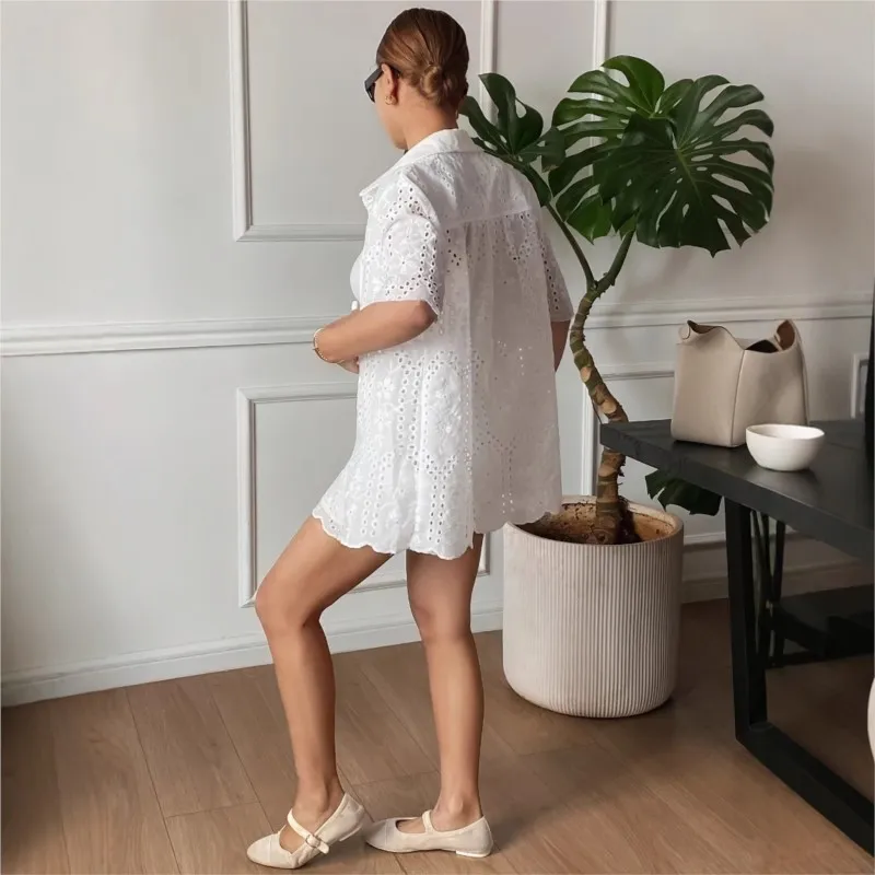 Summer White Hollow Out Loose Fit Shirt & Shorts Set Short Sleeve Lapel Ruffle Hem Casual 2 Piece Set Daily Women's Outfit
