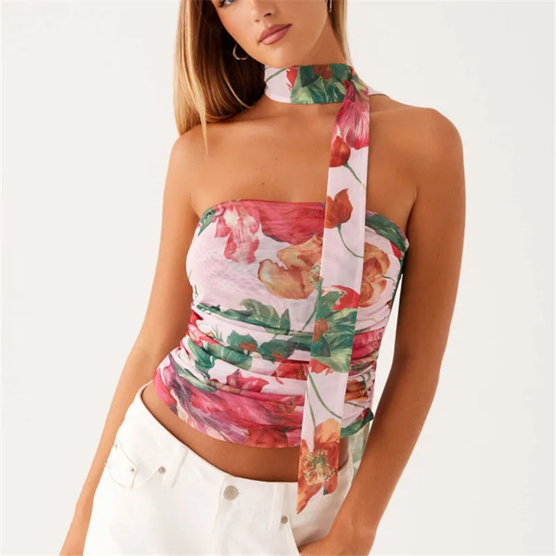 

Women Y2k Floral Tube Top Strapless Mesh Halter Tops Sleeveless Bandeau Tank Top with Scarf Summer Going Out Holiday Streetwear