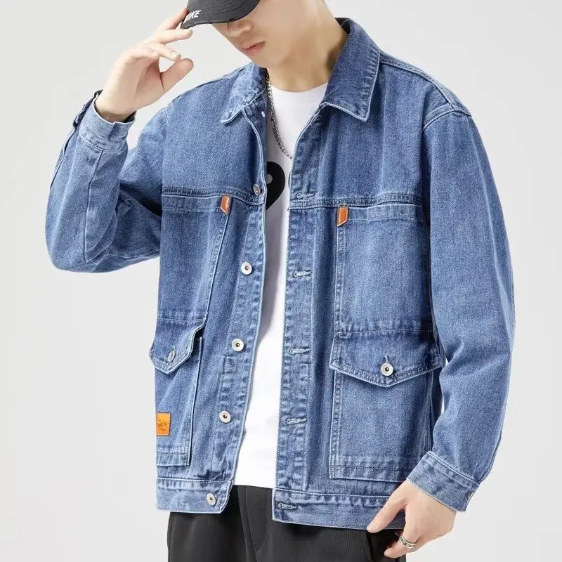 Spliced denim Jacket for Men's Spring and Autumn Trendy Brand Handsome Korean Style Trendy Top Motorcycle Work Jacket