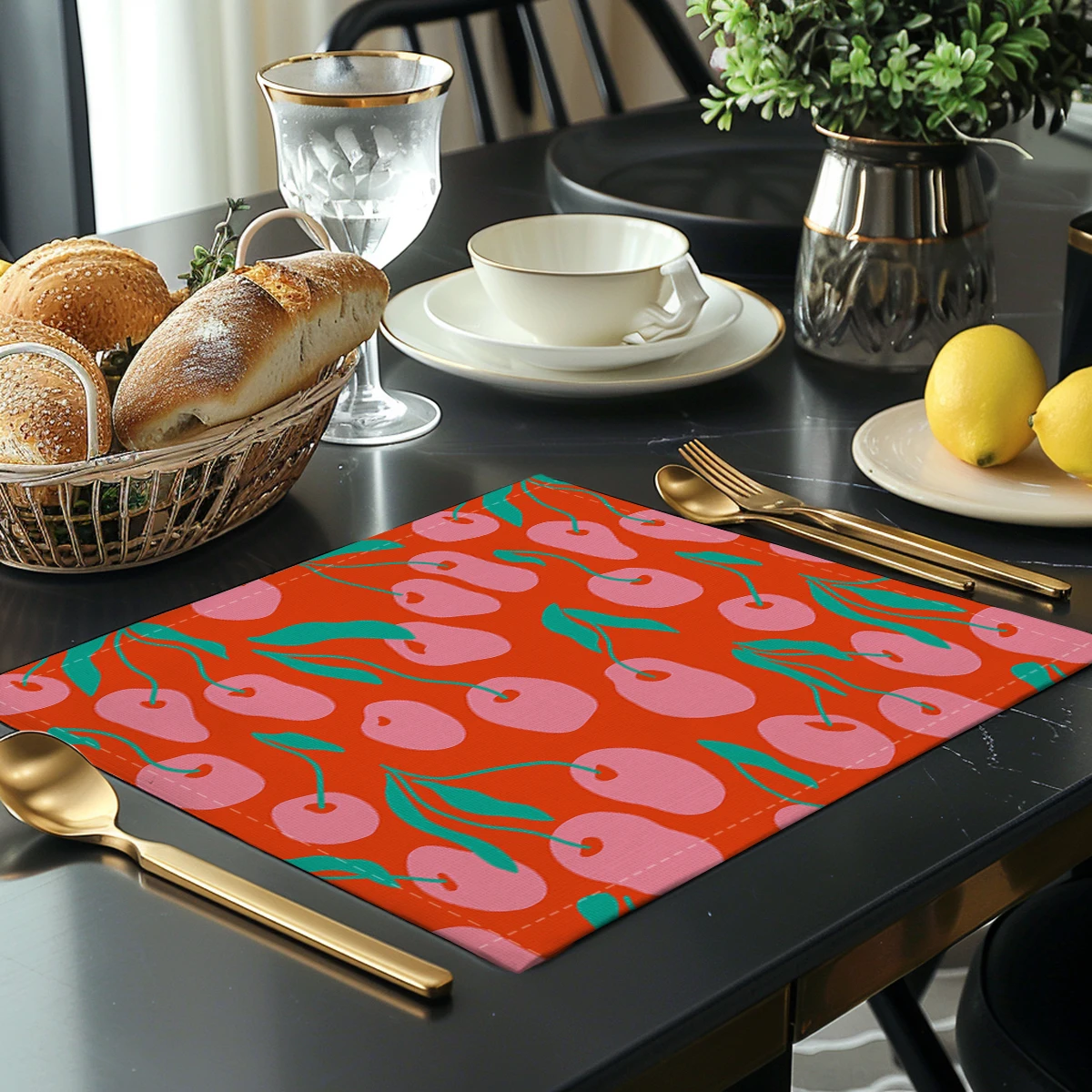 Cute Strawberry Checkered Pattern Polyester Placemats & Coasters - Decorative Table Linens for Home Kitchen and Dining Use