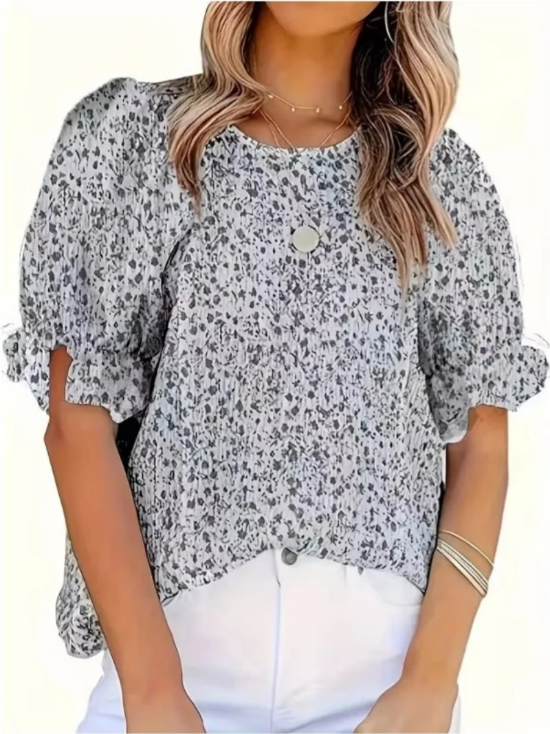 

Плюс размер весна 1XL-5XL женская модная повседневная свободная рубашка с принтом и круглым вырезом с рюшами на рукавах