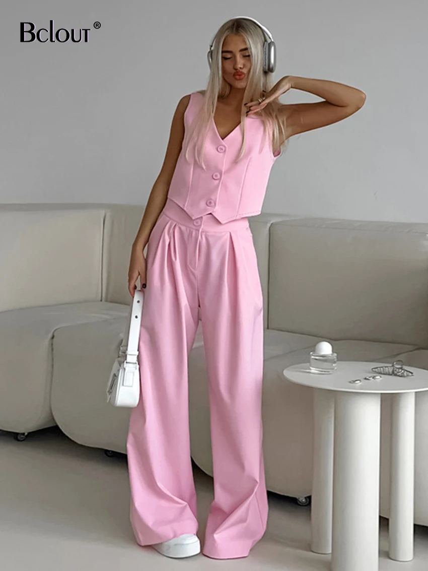 

Bclout Summer Loose Pink Pants Sets Women 2 Pieces Fashion Office Lady V-Neck Sexy Tops Casual Pleated Wide Leg Pants Suits 2024