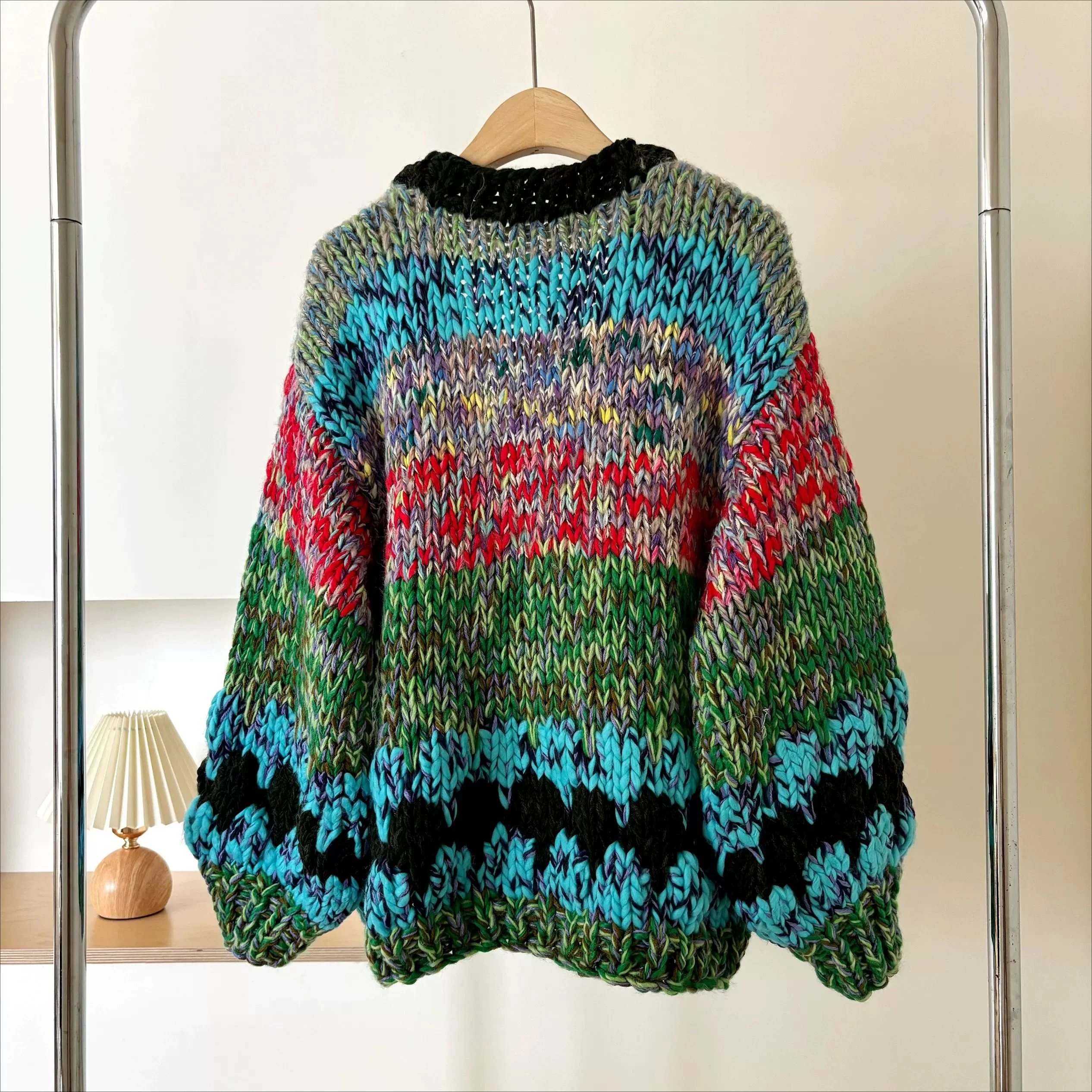 Handmade Vintage Chunky Knit Cardigan Multi-Color V-Neck Lantern Sleeve Sweater Coated Women Casual Loose Fit Outerwear