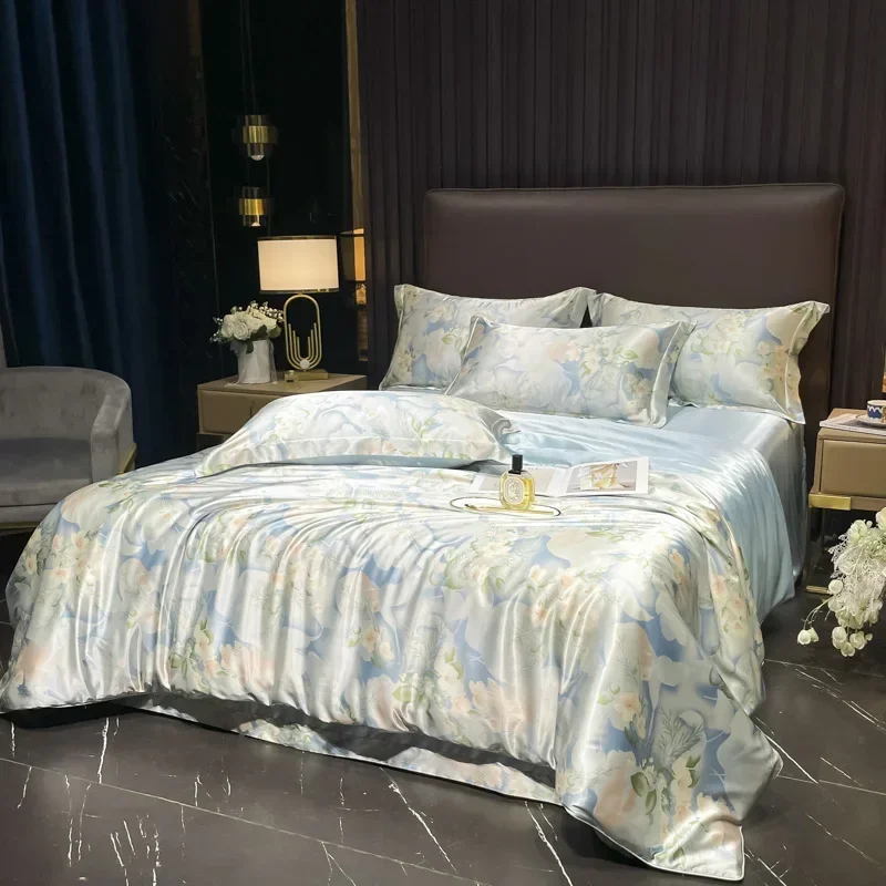 

Natural Silk Bedding Set High-End Luxury Soft Silky Quilt Cover Set Single Double King Size Printing Duvet Cover Set