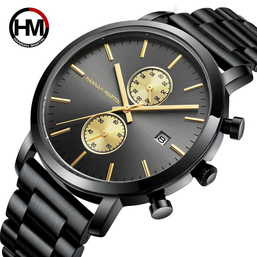 Men Sports Stainless Steel Watch 44.5mm Multi functional Fashion Gold Black Business 3Bar Waterproof Top Quartz Men\'s Wristwatch