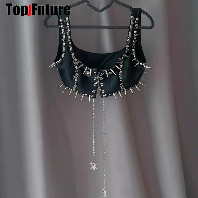 Kobiety Gothic Lolita Punk Harajuku Streetwear Y2K Girl Steampunk Belt Spike Trim Crop Tops Rivet Skeleton Metal Chain Tank Top