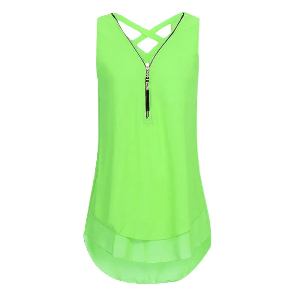 Women Loose Sleeveless Tank Top Back Hem Layed Zipper V Neck T Muscle Tee Sheer Top Women Asymmetric Tunic Beer Top for Women