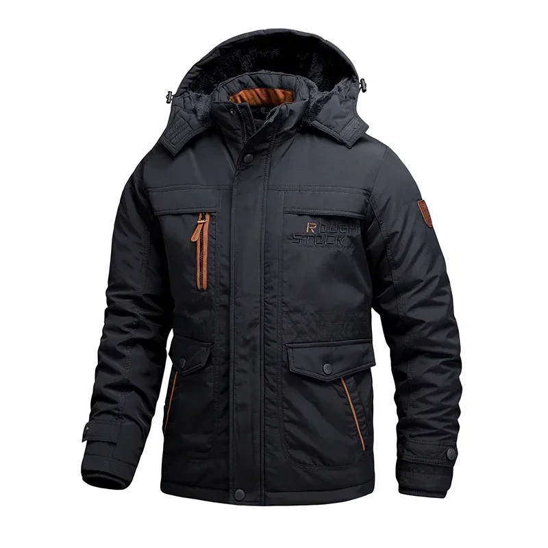 2024 Work Padded Clothing Autumn Winter New Solid Color Loose Multi-pocket Outdoor Adventure Hooded Coat Medium Length Jacket