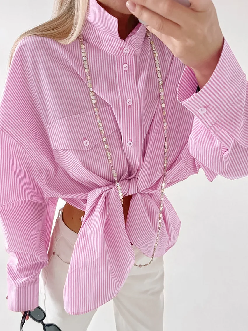 

Striped Pocket Shirt Women Summer Fashion Long Sleeve Lapel Loose Shirts Blouses Lady Elegant Casual Tops Streetwear 2025