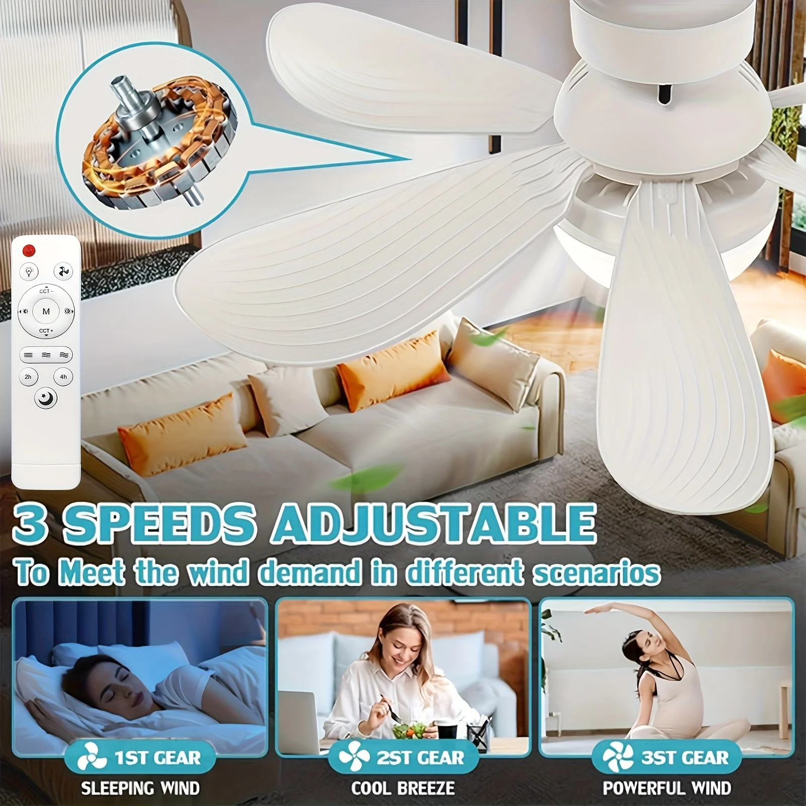 Ceiling Fan Light E27 Remote 3 Speed Silent 3 Color Dimmable Tool Free Install For Bedroom Living Room Kitchen Garage Office