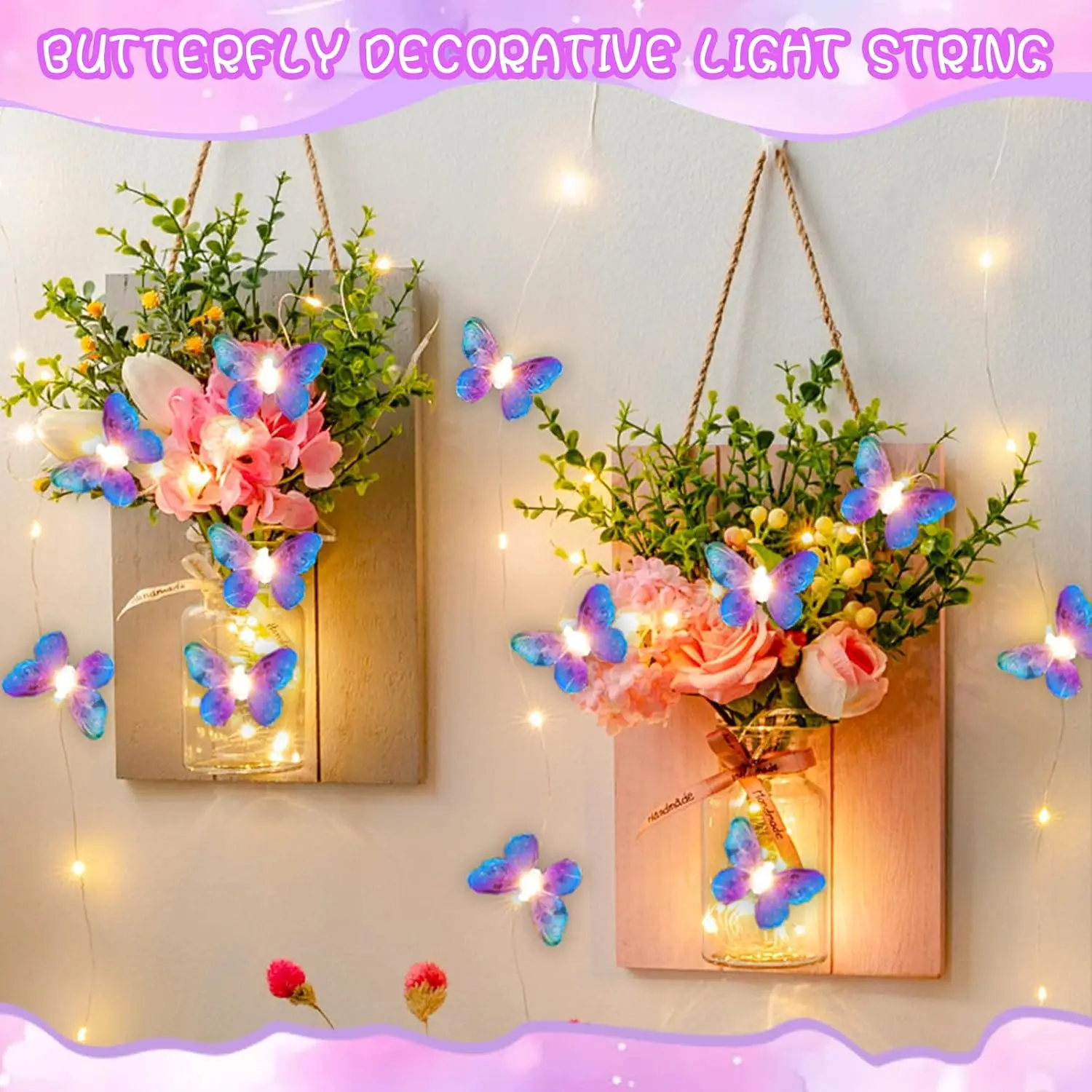 Butterfly Fairy Lights String 6m 40 LEDs Room Bedroom Wall Hanging Garland Holiday Decor Battery Operated for Wedding Christmas