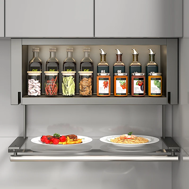 Kitchen hanging cabinet, seasoning rack, wall-mounted dish preparation, wall pull-down foldable cabinet storage shelf