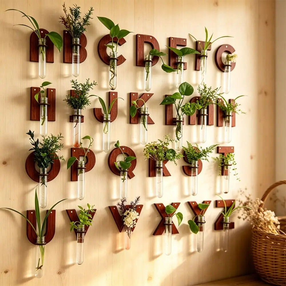 Flower Holder Wooden Hydroponic Planter Shelf A-Z Alphabet Vase Wall Decoration Home Ornaments Retro
