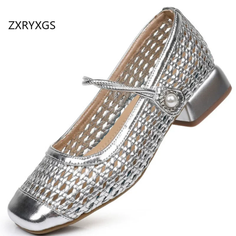 

ZXRYXGS 2026 Summer Cowhide Weaving Hollow Sandals Women Breathable Comfort Low Heel Sandals Large Size Banquet Trendy Sandals