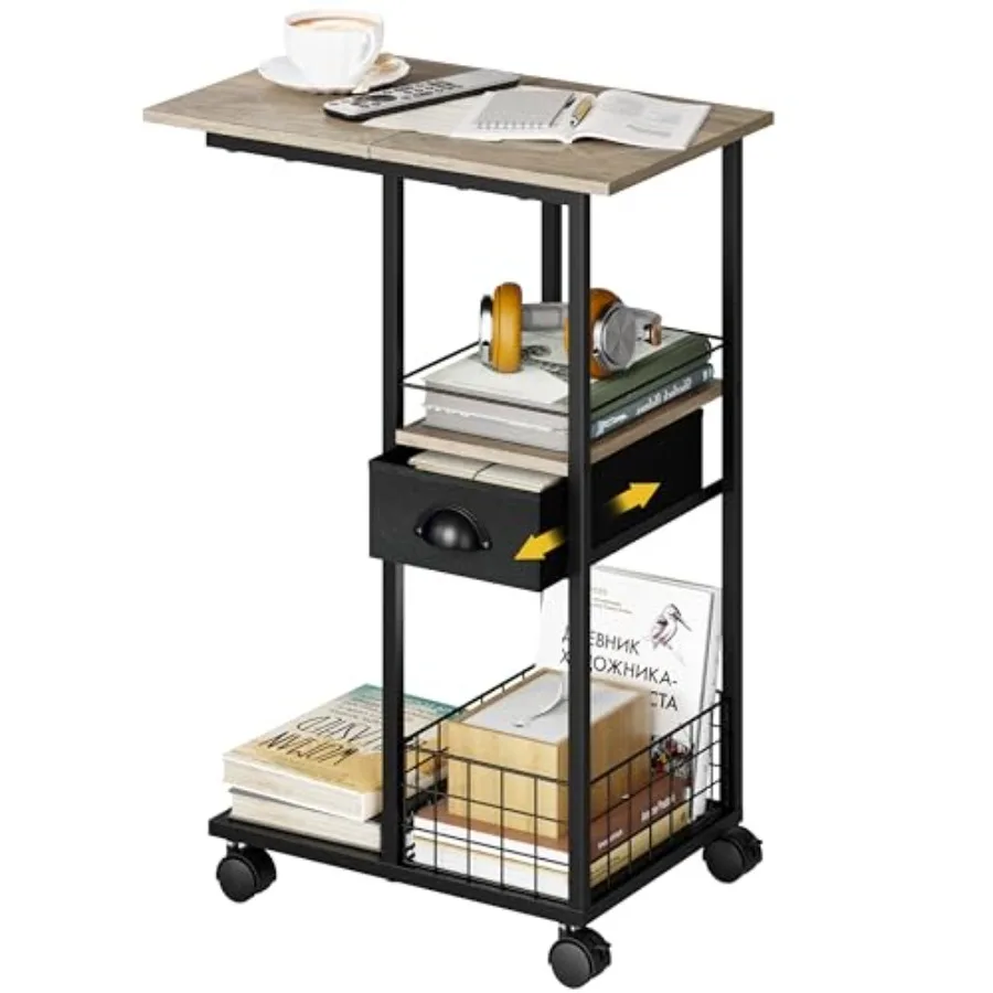 

Rolling C Shaped Side Table with Storage Drawer, Portable Desk on Wheels, Bedside Table for Sofa Couch and Bed, Small Overbed L